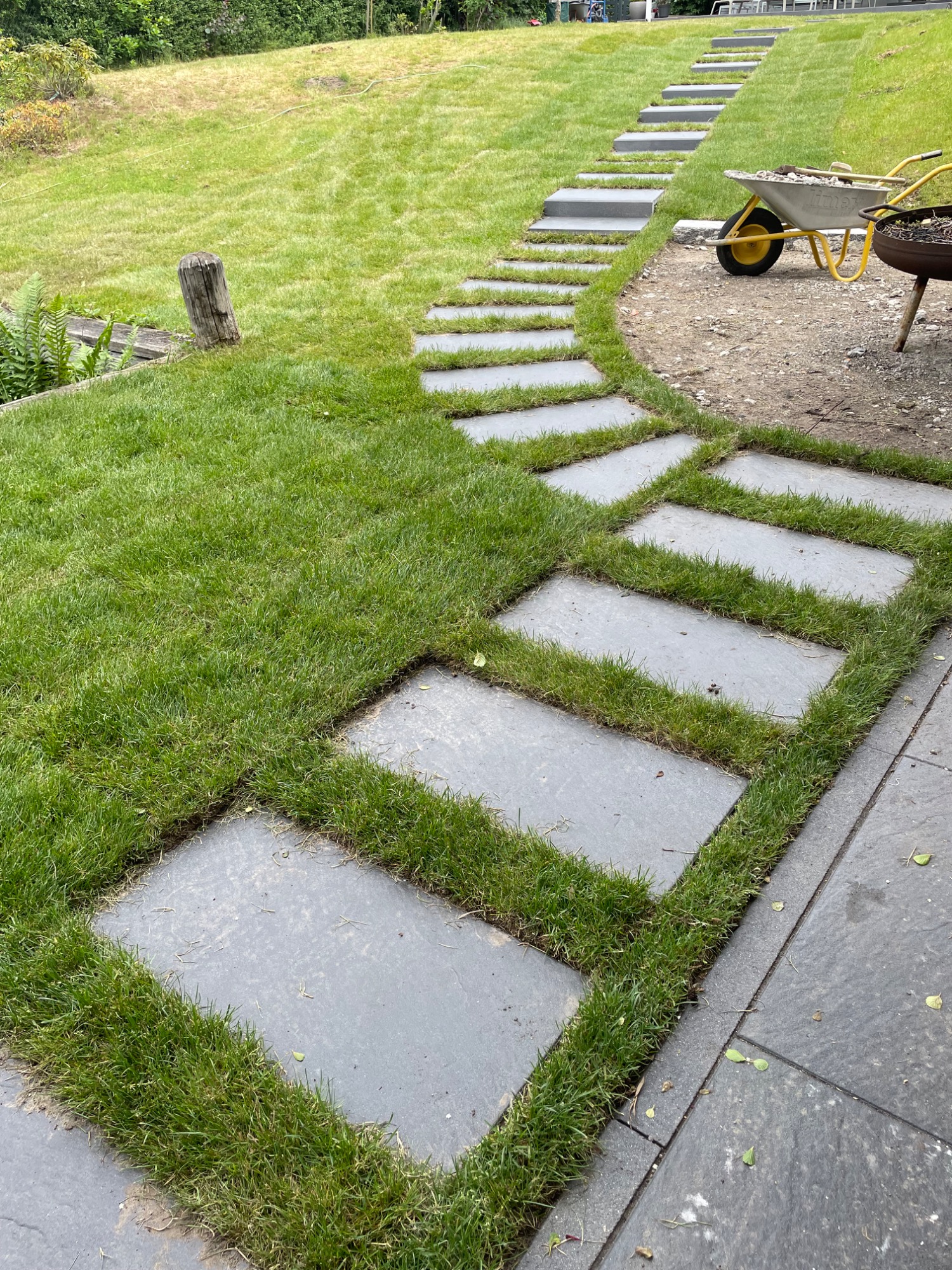 Gepflasterter Gartenweg mit grasbewachsenen Flächen zwischen den Steinen.
